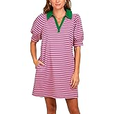 Yousify Women's Summer Lapel Collared V Neck Striped Dress Casual Puff Short Sleeve Polo Tshirt Dresses with Pockets