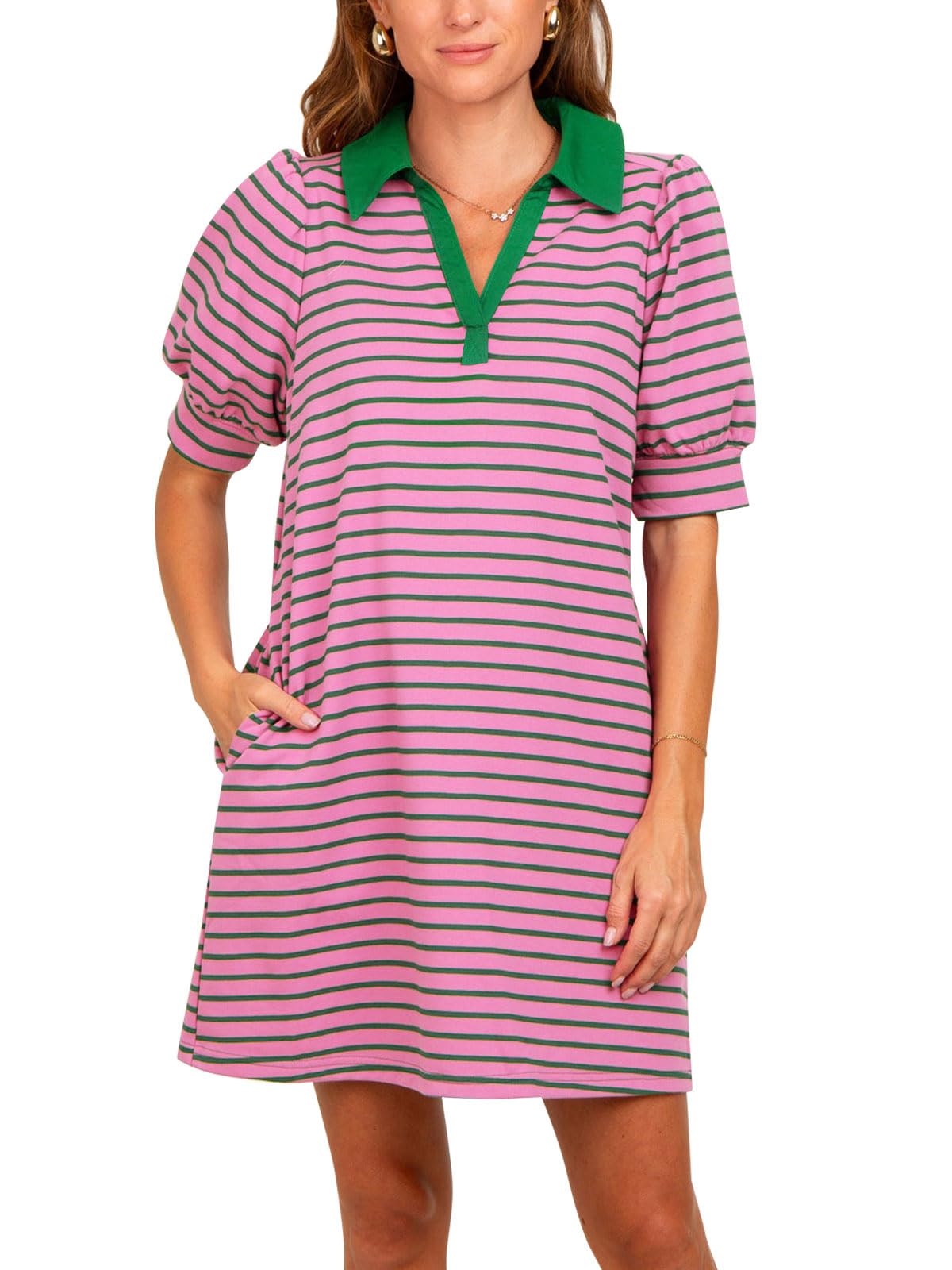 Photo 1 of Yousify Women's Casual A Line Dress 2025 Sprimg Summer Beach Shirt Dresses Puff Short Sleeve Polo Flowy Sundresses Pink M 