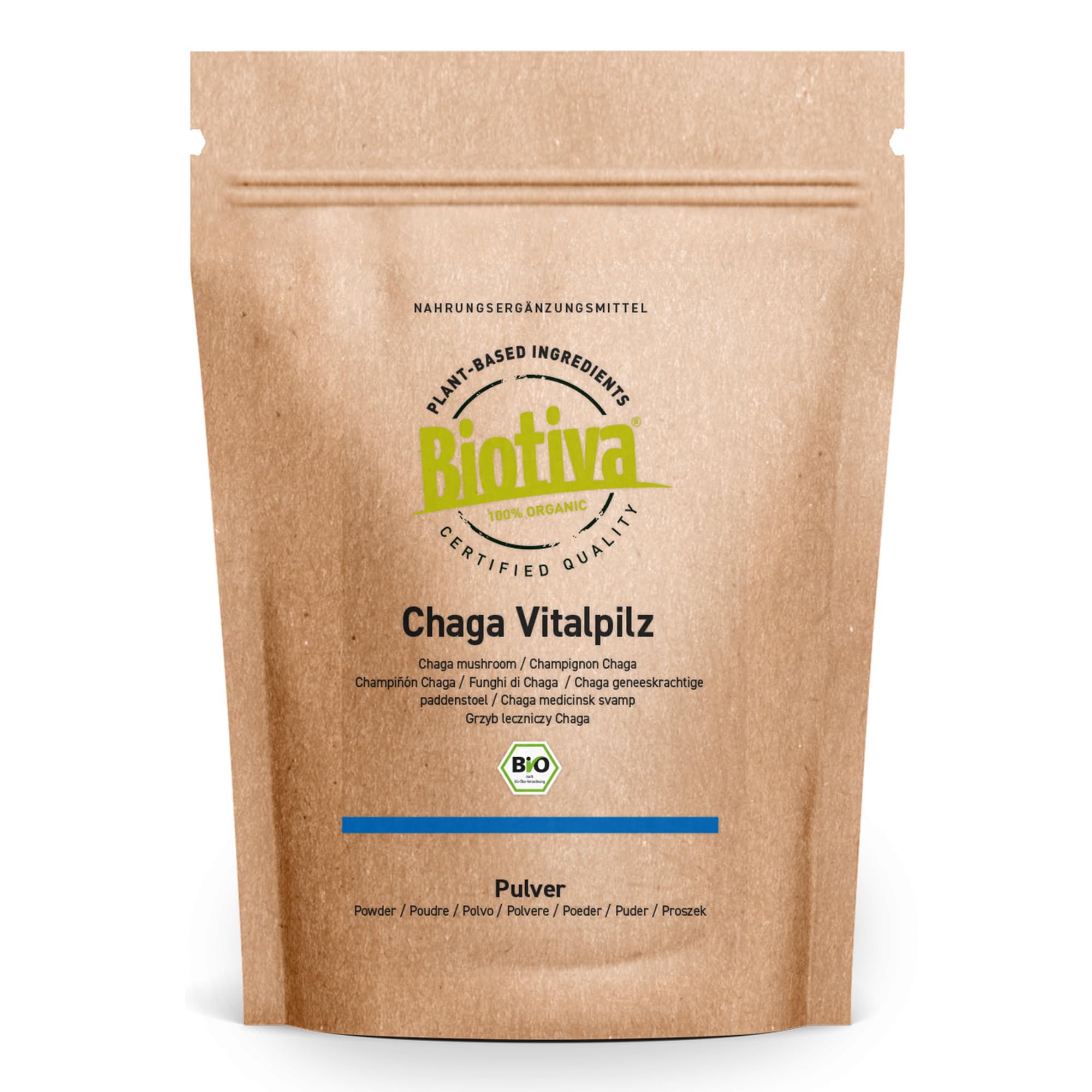 Biotiva Chaga Mushroom Powder Organic 125g - Certified Wild Collection - >2% Polysacharides - Packed and Controlled in Germany