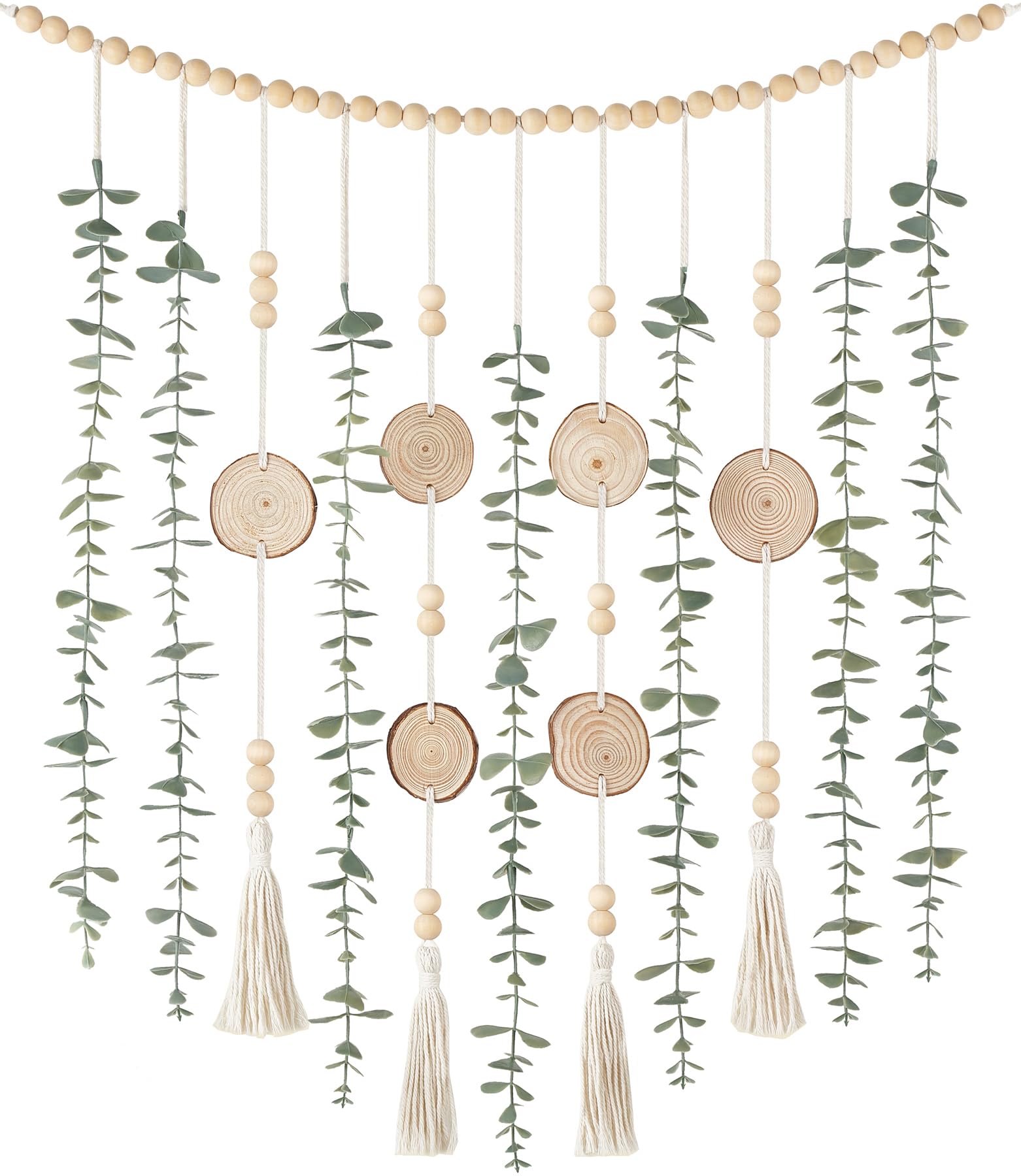Photo 1 of Dahey Hanging Artificial Plant Eucalyptus Wall Decor 31.5'' Wooden Bead Garland with Fake Greenery Leaves Boho Rustic Farmhouse Wall Art for Living Dining Room Bathroom Bedroom Kitchen Decoration