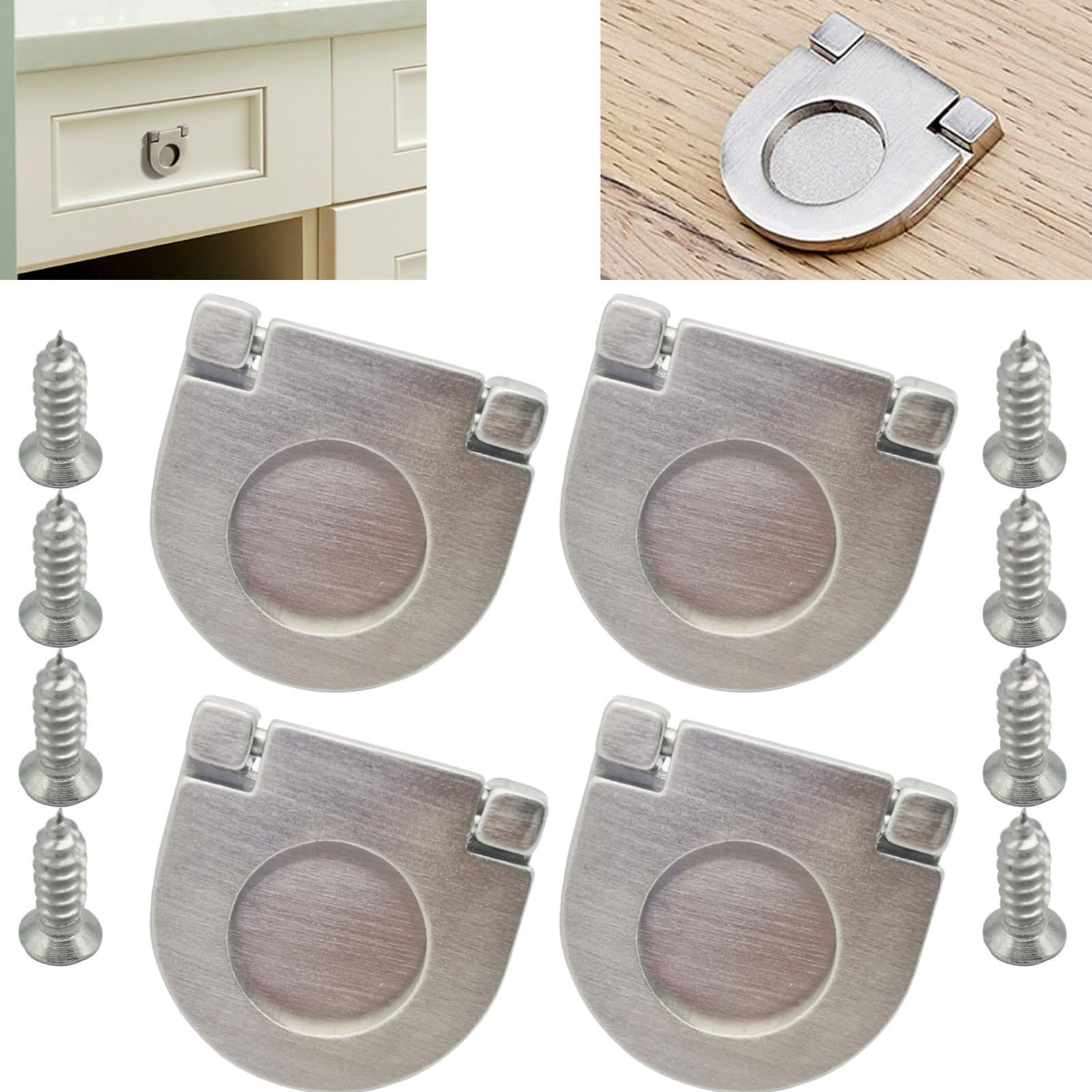 CTRICALVER 4PCS Flush Ring Pull Zinc Alloy Cabinet Drawer Pull Handle| Pull Handle Invisible Door Knob 35mm|for Cupboard Drawer Cabinet Wardrobe Accessories-with Screws (Silver)
