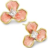 14K Gold Iris Flower Stud Earrings with Realistic Petals and Rhinestone White Crystal Enamel Design, 11mm x 20mm, Lightweight 2.4g, Comfortable Elegant Floral Brooch Jewelry for Women