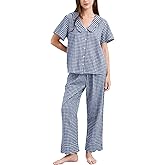 Flygo Womens Gingham Pajamas Set Cotton 2 Piece Pj Set Scalloped Collar Babydoll Shirt Pants Plaid Y2K Lounge Sets(Navy-M)