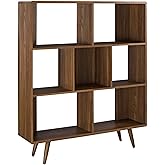 Modway Transmit Mid-Century Offset Cube Wood 7 tier Bookcase in Walnut
