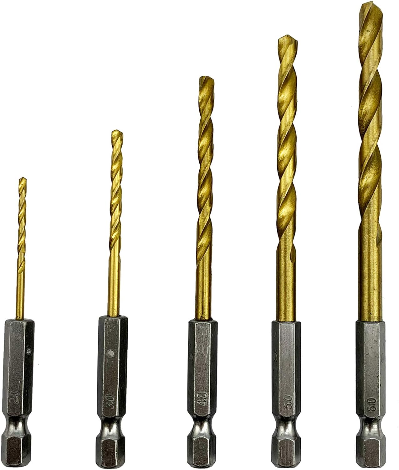Nortools 5pcs Titanium Nitride Coated HSS Drill Bit Set including 1/4” Hex Shank(2-6mm), Gold_5PCS_Hex Shank