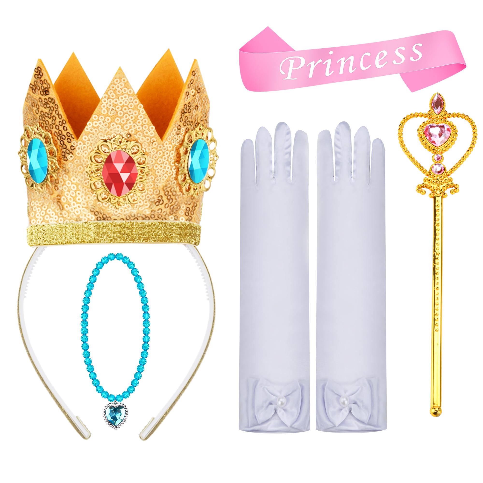 Abitoncc 5PCS Princess Accessories - Princess Peach Crown, Necklace, Glove, Wand & Shoulder Strap for Kids Girls Cosplay
