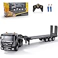 YAZHIYI Remote Control Semi Truck Toys, 9 Channel RC Semi Truck with Trailer, Construction Vehicle Toy with Sound and Light, Birthday Gifts Ideas for Boys Kids, 1/24 Flatbed Trucks Grey (with Gift)