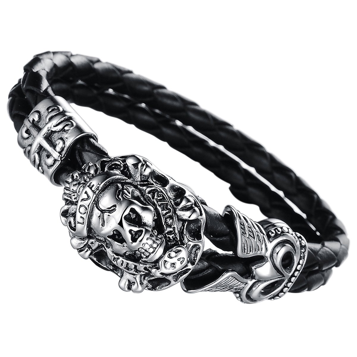 Cupimatch Men Gothic Biker Stainless Steel Skull Kill Love Charm Black Leather Braid Wrap Bracelet Bangle 7.1"