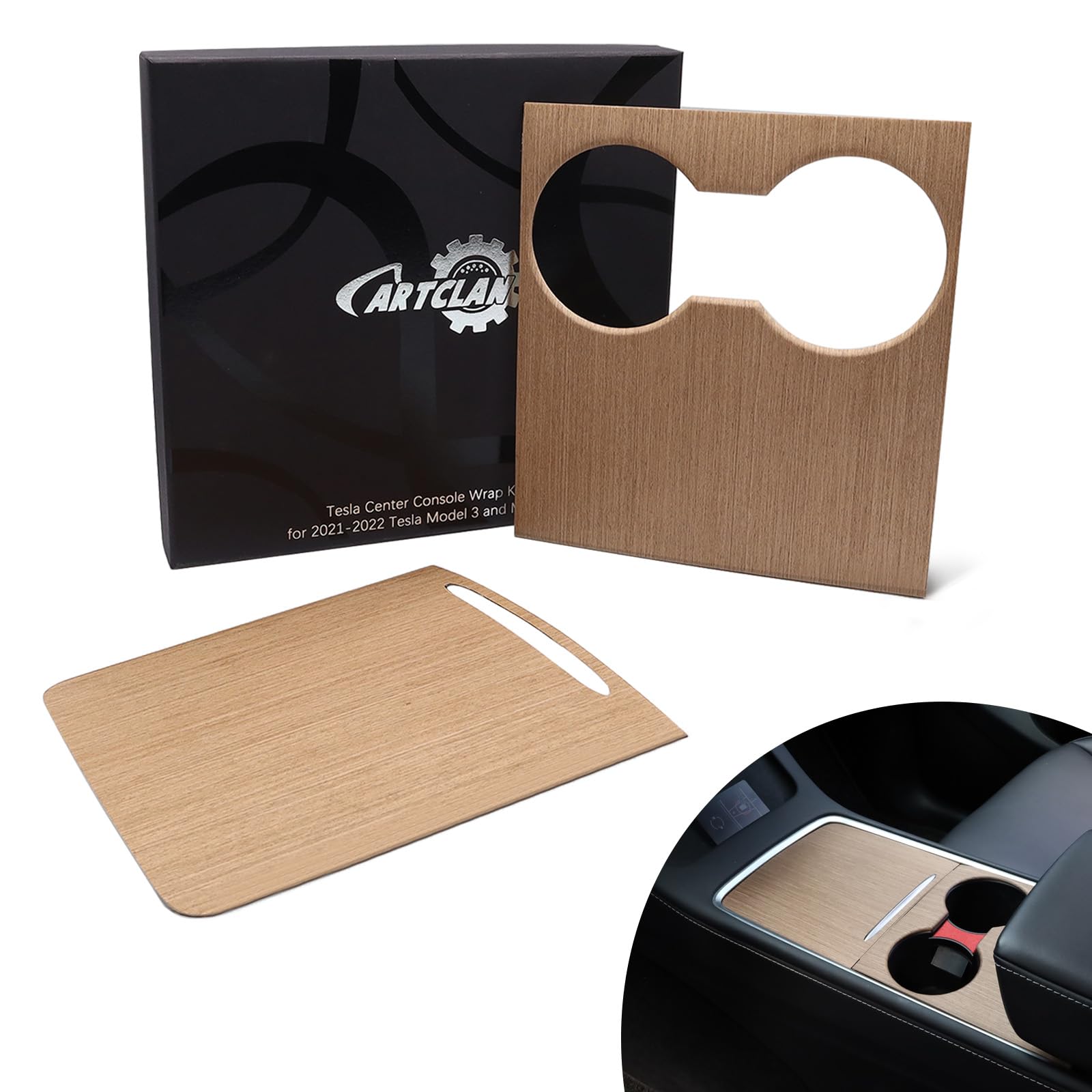 Photo 1 of CartClan Tesla Model 3 Model Y 2021 2022 2023 Center Console Wrap Kit Wood Grain Center Console Cover Interior Decoration Wrap Kit for Tesla Accessories