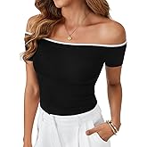 OPOIPIN Women's Off The Shoulder Crop Top Ribbed Knit Short Sleeve Slim Fit T Shirt
