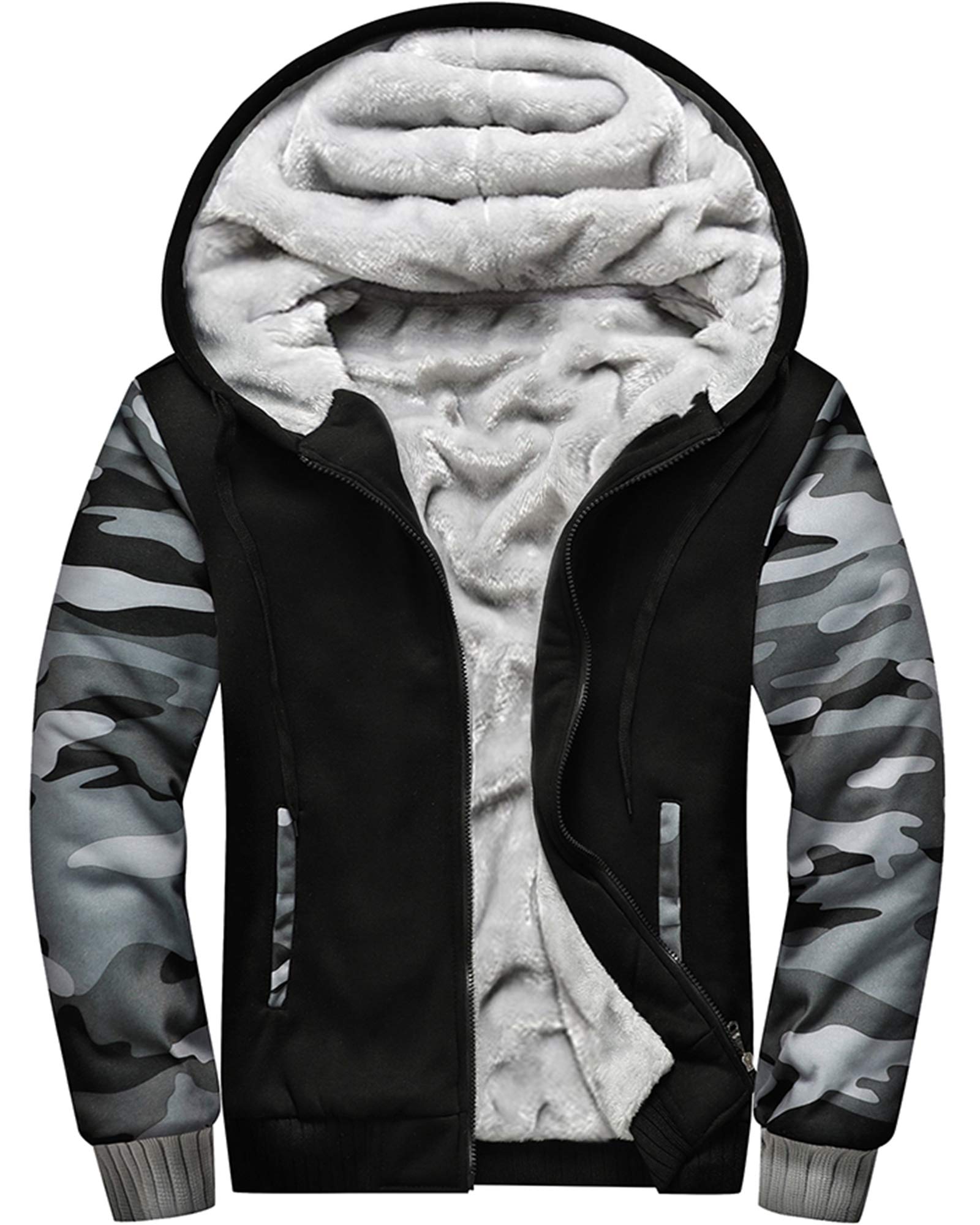 MACHLAB Men's Pullover Winter Workout Fleece Hoodie Jackets Full Zip Wool Warm Thick Coats Army GreyBlack#W918 2XL Image