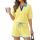 Tankaneo Womens 2 Piece Sweater Short Sets 2026 Summer Vacation Outfits Short Sleeve Knit Collared Tops Matching Lounge Set