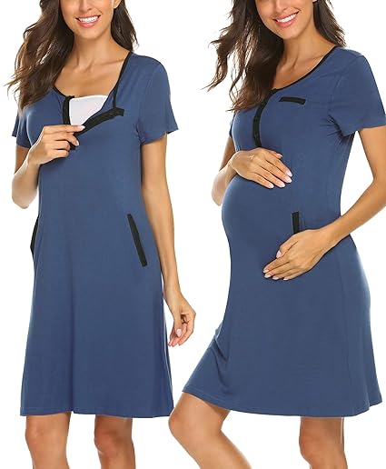 UNibelle Damen Umstandskleid Schwangerschafts Gestreift Kleid Rundhals Nachthemd Mit Kurzarm
