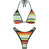 seamoly Women's Bikini Sets Halter Neck Crochet Colorblock Two Piece Swimsuits Open Back Sexy High Cut Thong Bathing Suit