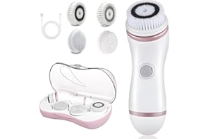 DOTPET Facial Cleansing Brush, 4 in 1 Electric Face Scrubber with Travel Case and 4 Brush Heads, Waterproof Facial Cleansing Spin Brush for Gentle Exfoliation and Deep Cleaning (Pink)