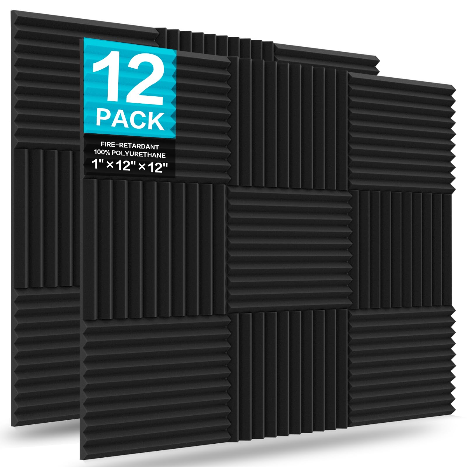 JBER 12 Pack Acoustic Foam Panels, 1" X 12" X 12" / 2.5 X 30 X 30cm Studio Soundproofing Wedges Fire Resistant Sound Proof Padding Acoustic Treatment Foam (Black)
