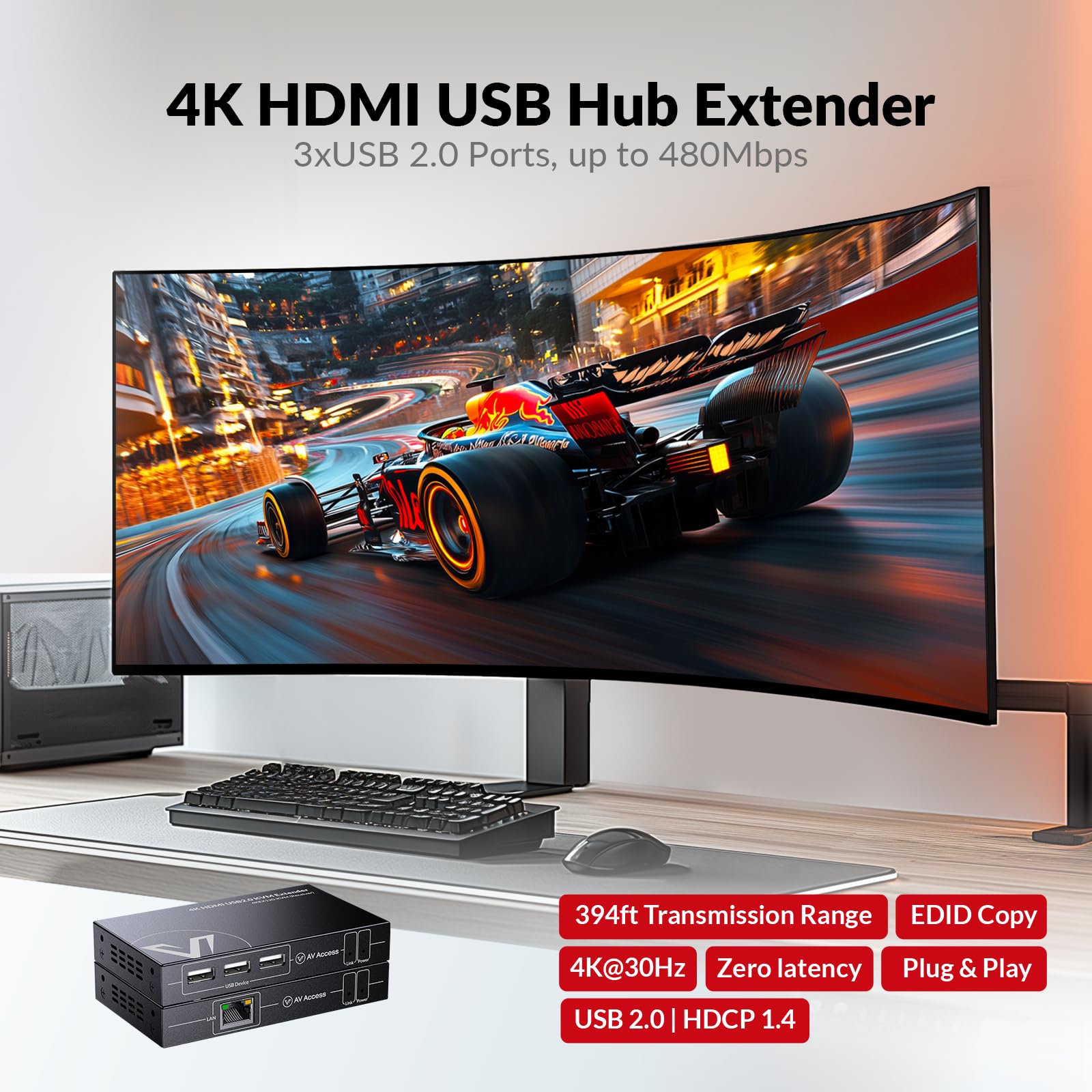AV Access 4K HDMI KVM Extender, 120m/394ft Over Ethernet Cat5e/6, 1080P@120Hz, 3X USB 2.0 Ports, Zero-Latency, Plug and Play, KVM Webcam Extender for Gaming, Data Centers & Classrooms