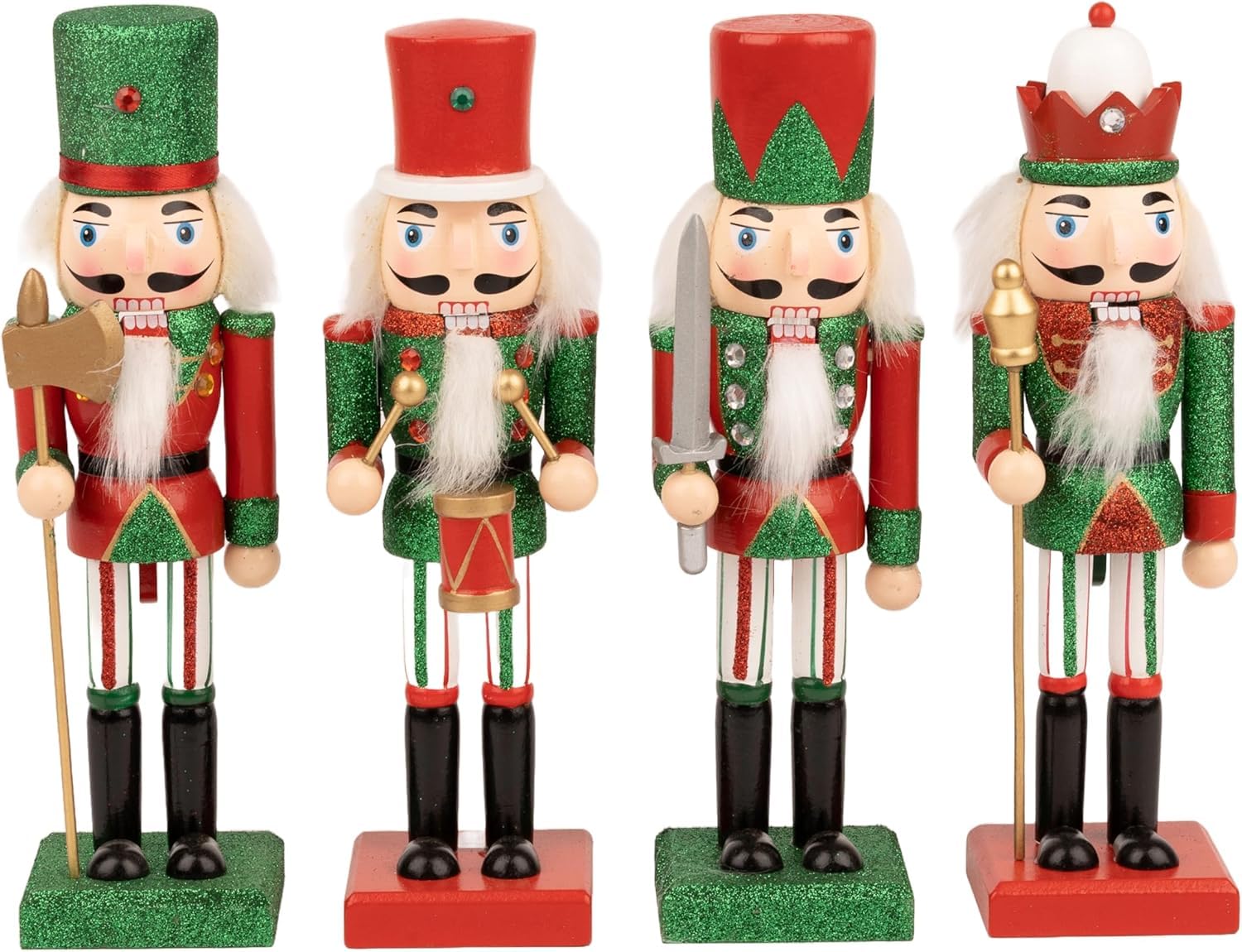 SHATCHI 25cm Red/Green Wooden Christmas Nutcrackers - 4pcs Set - Soldiers King Drummer Puppet Figurines Home Decoration Ornament