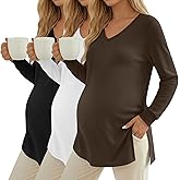 Huukeay 3 Pack Women's Thermal Maternity Shirts Long Sleeve Fleece Lined Pregnancy Tops Split Side V Neck Maternity Clothes