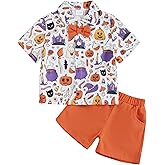 Rtnnsbbfcm Toddler Baby Boy Halloween Outfit Short Sleeve Bow Tie Pumpkin Ghost Button Down Shirt Top Shorts 2Pcs Set