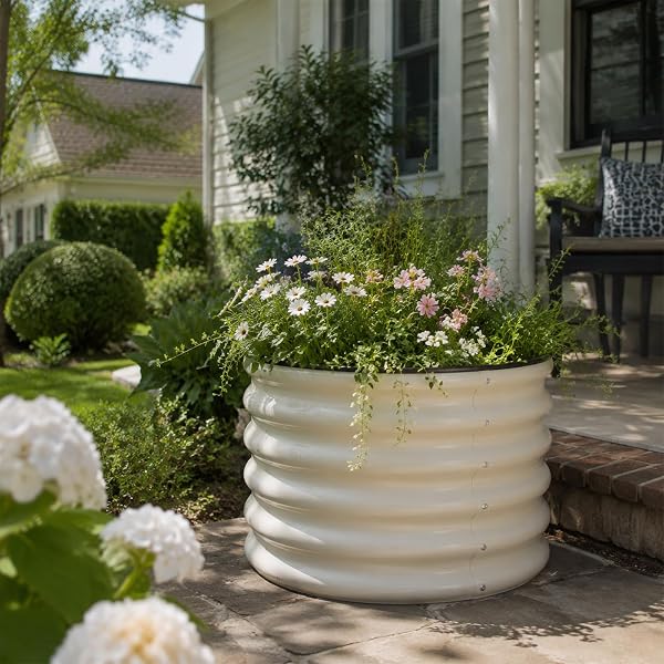 SNUGNITURE RAISED GARDEN BED, 2 PCS 2×2×1.5FT ROUND GALVANIZED OUTDOOR PLANTER BOX, 17″ TALL DEEP METAL GARDEN BED KIT FOR PLANTING VEGETABLES, FRUITS, FLOWERS, WHITE