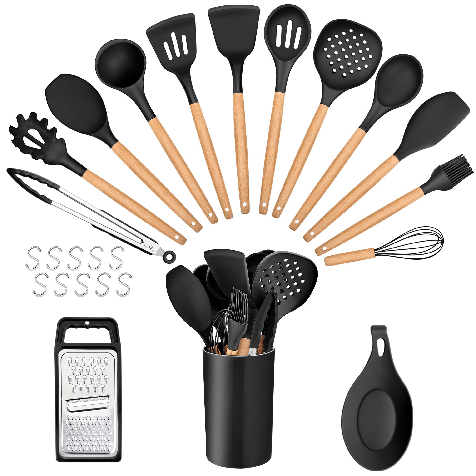 Joyfair Kitchen Utensils Set, 25 PCS Silicone Cooking Utensil Set with Wooden Handle, Heat Resistant Kitchen Tools & Gadgets for Cooking Baking, Safe for Non Stick Pans, Black