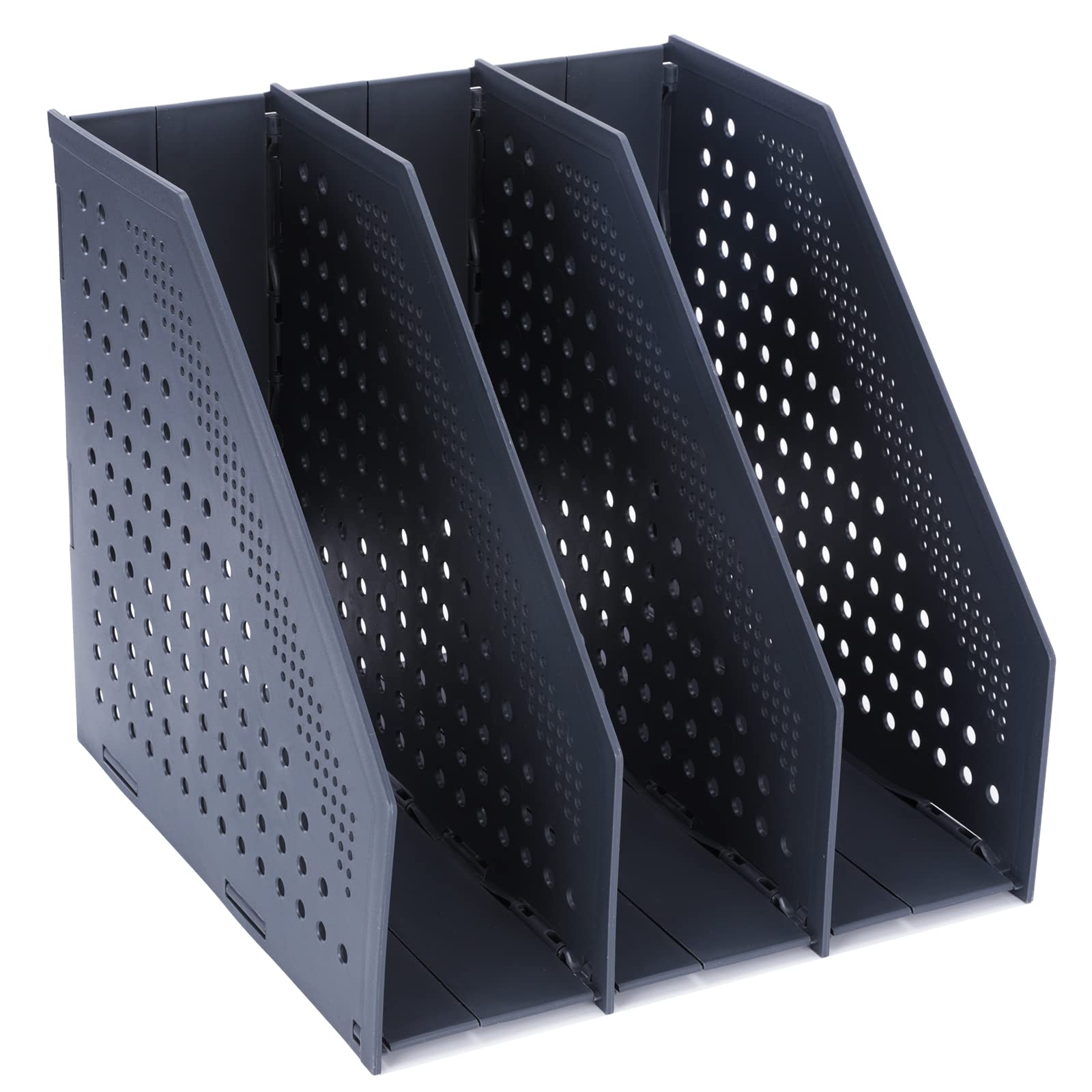 FRETONBA Magazine Rack Folding Bookshelf, File Holder Vertical with 3 Compartments, Book Holder for Office Storage and Organiser, Desktop Bookshelf for School, Library, Office, Dark Grey