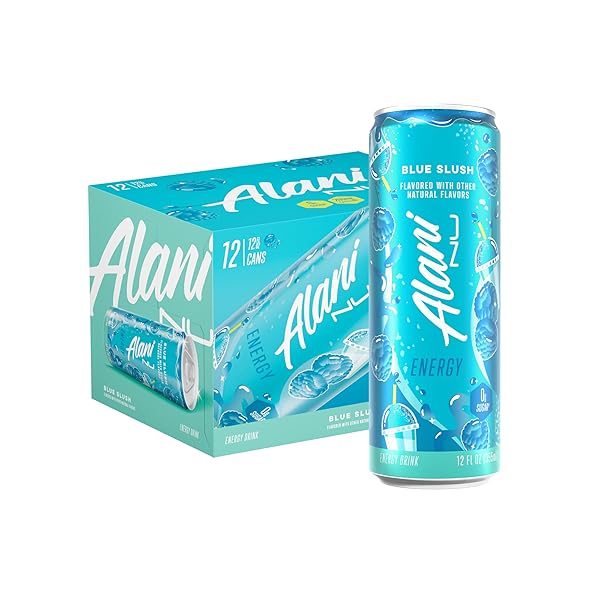 ALANI NU BLUE SLUSH, SUGAR FREE, LOW CALORIE ENERGY DRINKS, 200MG CAFFEINE, BIOTIN, B VITAMINS, ZERO SUGAR, 10 CALORIES, 12 FL OZ CANS, 12 PACK