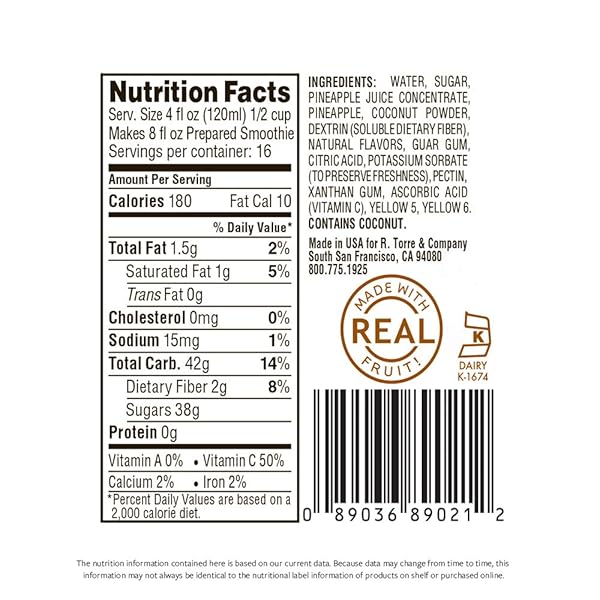 TORANI REAL FRUIT SMOOTHIE MIX, PINA COLADA, 64 OUNCE