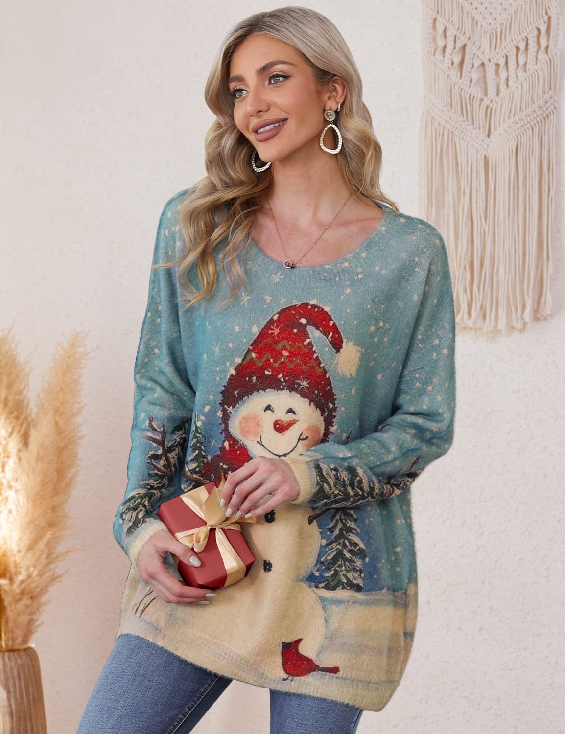 YESNO Women Christmas Sweater Graphic Printed Oversized Pullover Sweaters Casual Loose Knit Tops S01