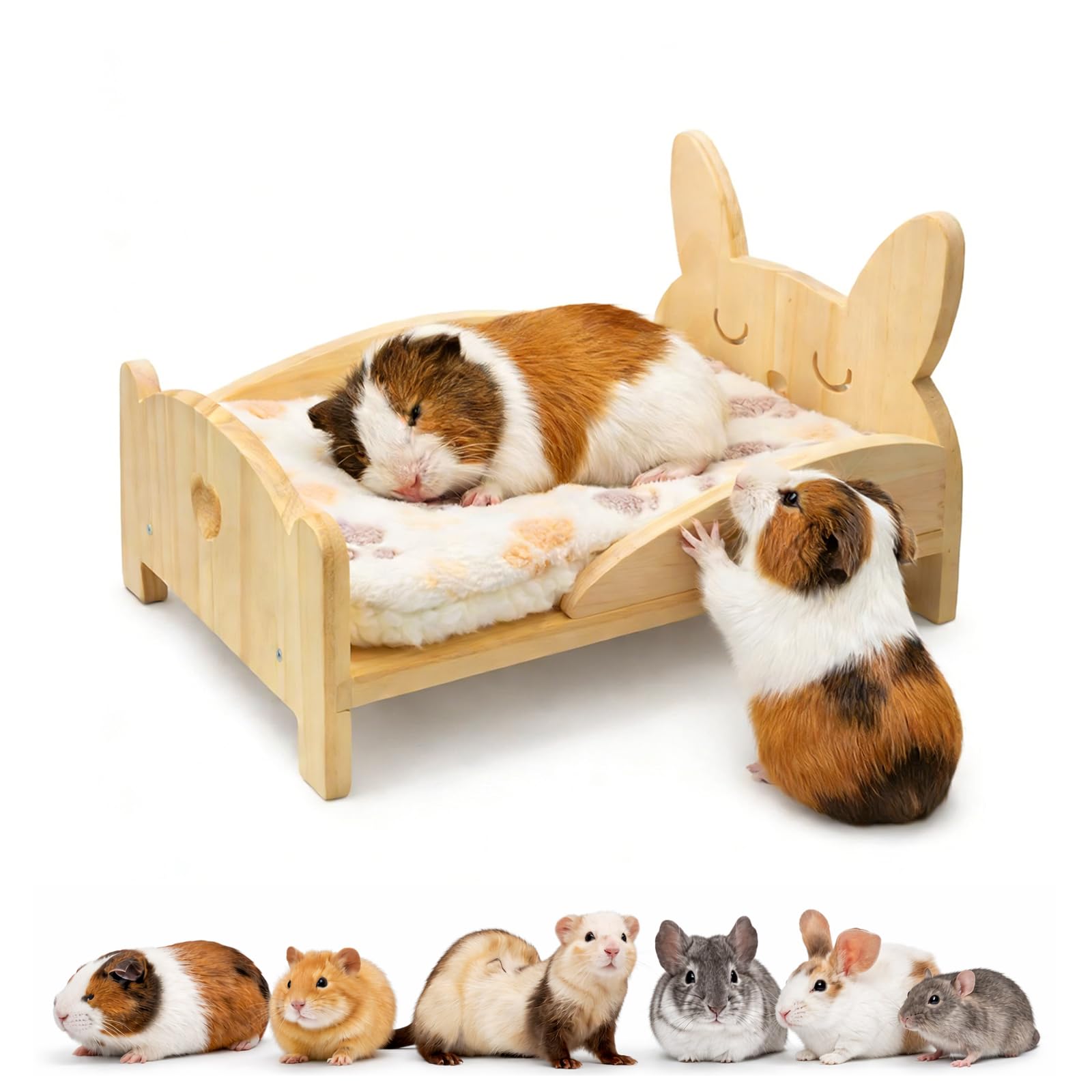 Amakunft Wooden Guinea Pig Bed with Soft Mat, Detachable Guinea Pig Bed, Small Animal Cute Warm Bed for Guinea Pig Hamster Ferrets Chinchilla, etc