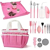 44pcs Small Gardening Tools Gifts for Women Beginners - Garden Hand Tools Set for Indoor Succulent Bonsai Plants Transplanting, Included Bag/Repotting Mat/Shovel/Labels, Pink