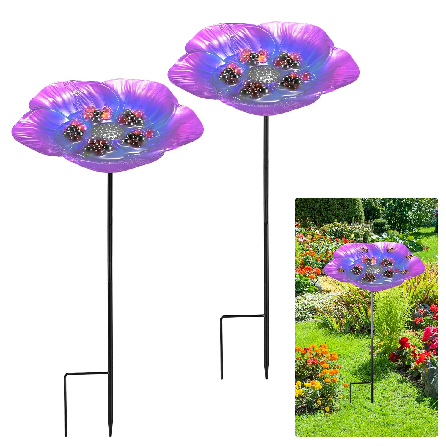 2pcs Bee Watering Flower, Vivid Bee Drinking Station with 60 Glass Marbles Beautiful Flower Design Bee Drinking Cups for Garden Outdoor Courtyard Decorations