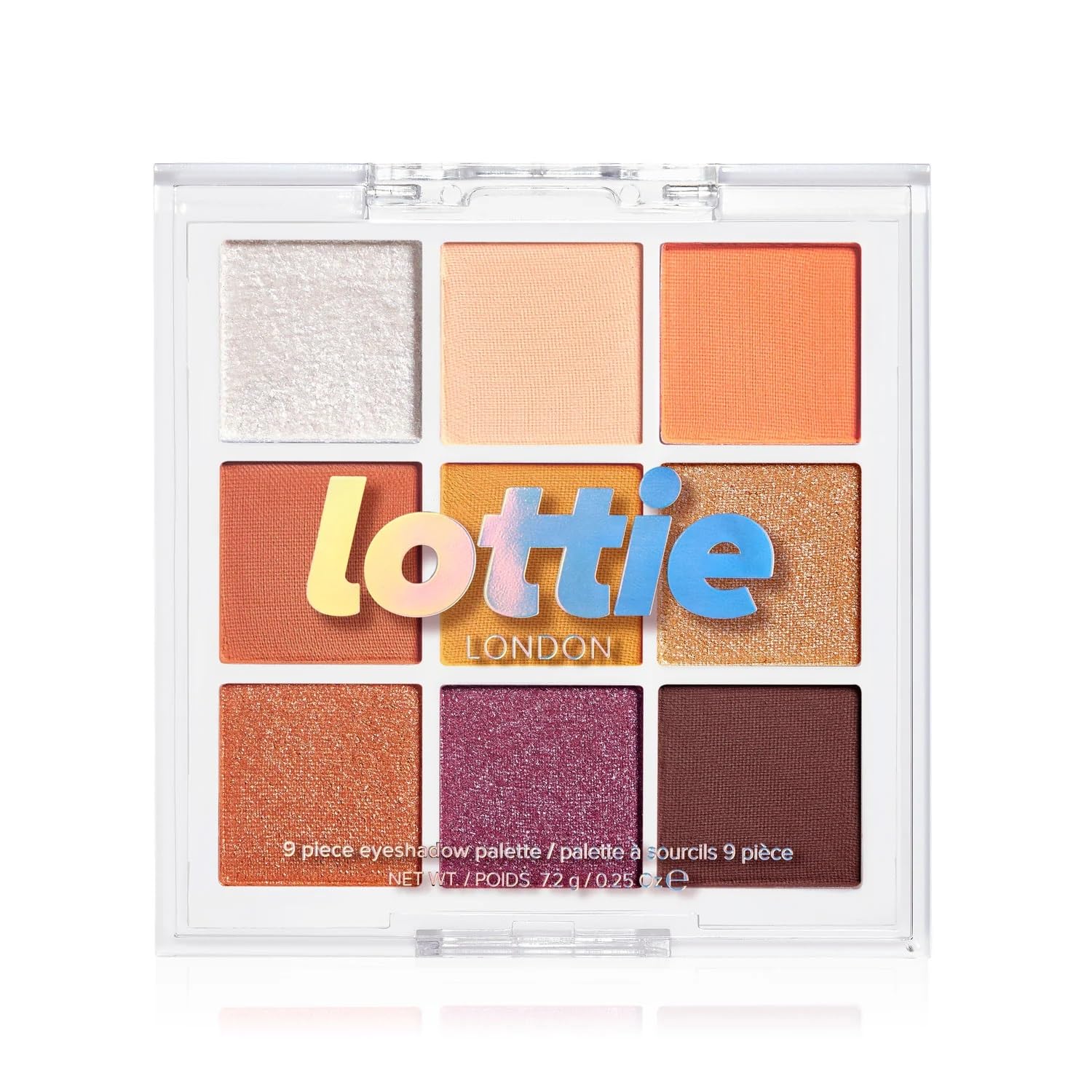 Lottie London Lottie Palette in Fired Up, 9 shade compact eyeshadow palette in warm caramel browns and pumpkin shades in a mix of creamy mattes and sparkling shimmers