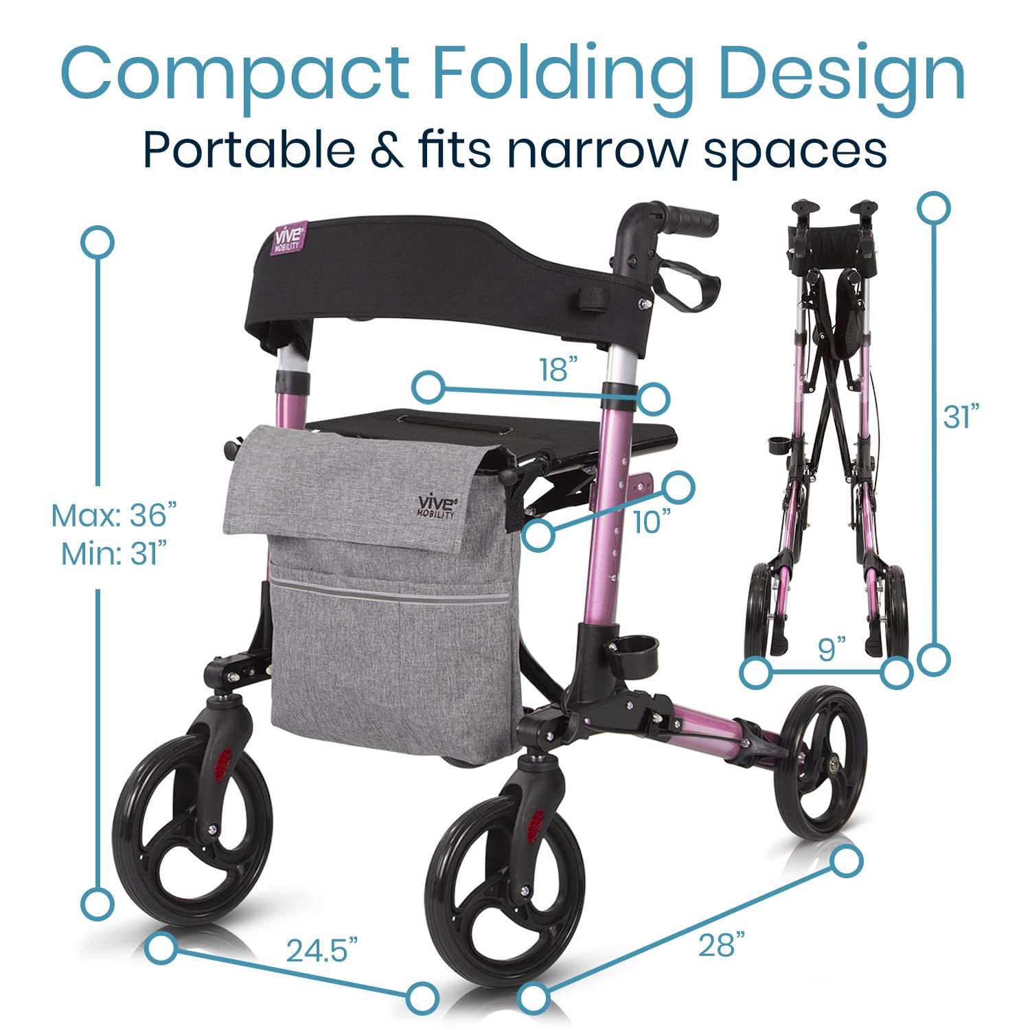 Vive Mobility Rollator Walker with Seat- Folding 4 Wheel Medical Rolling Walker with Bag - Mobility Aid for Adult, Senior, Elderly & Handicap - Aluminum Transport Chair