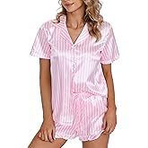 OPOIPIN Women's Satin Pajamas Set 2 Piece Button Down Silk Ruffle Shorts Pjs Notch Collar Sleepwear