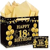 Black Gold 18th Birthday Gift Bag with Happy 18th Birthday Greeting Card and Tissue Paper for Boys Men 18th Birthday Gift Wrapping Bag with Handles for 18th Birthday Christmas Party Decor Supplies