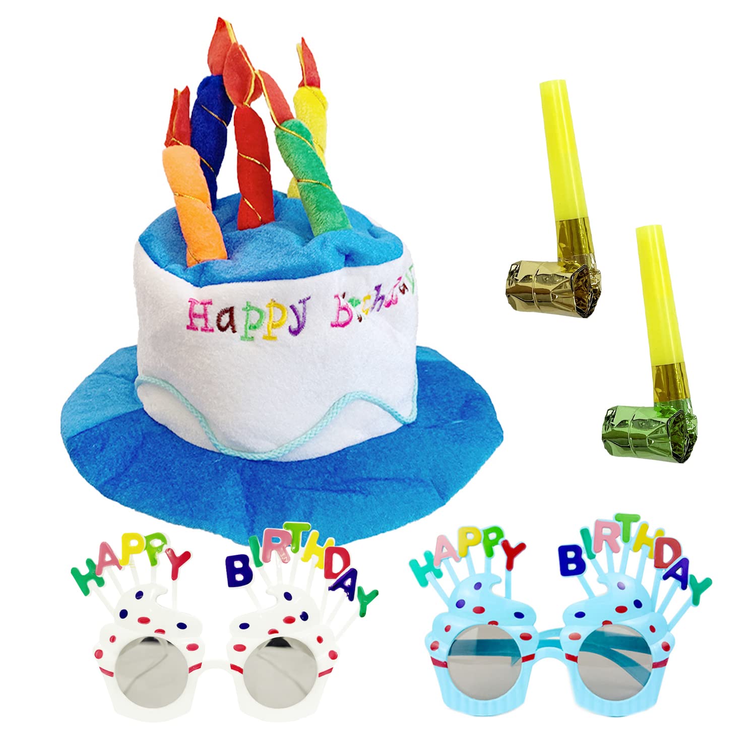 LSYYSL 1 Pcs Happy Plush Hat, Cake Hat with Multicolor Candles, Party Dress Up Show Props, with Birthday Glasses and Party Blowers