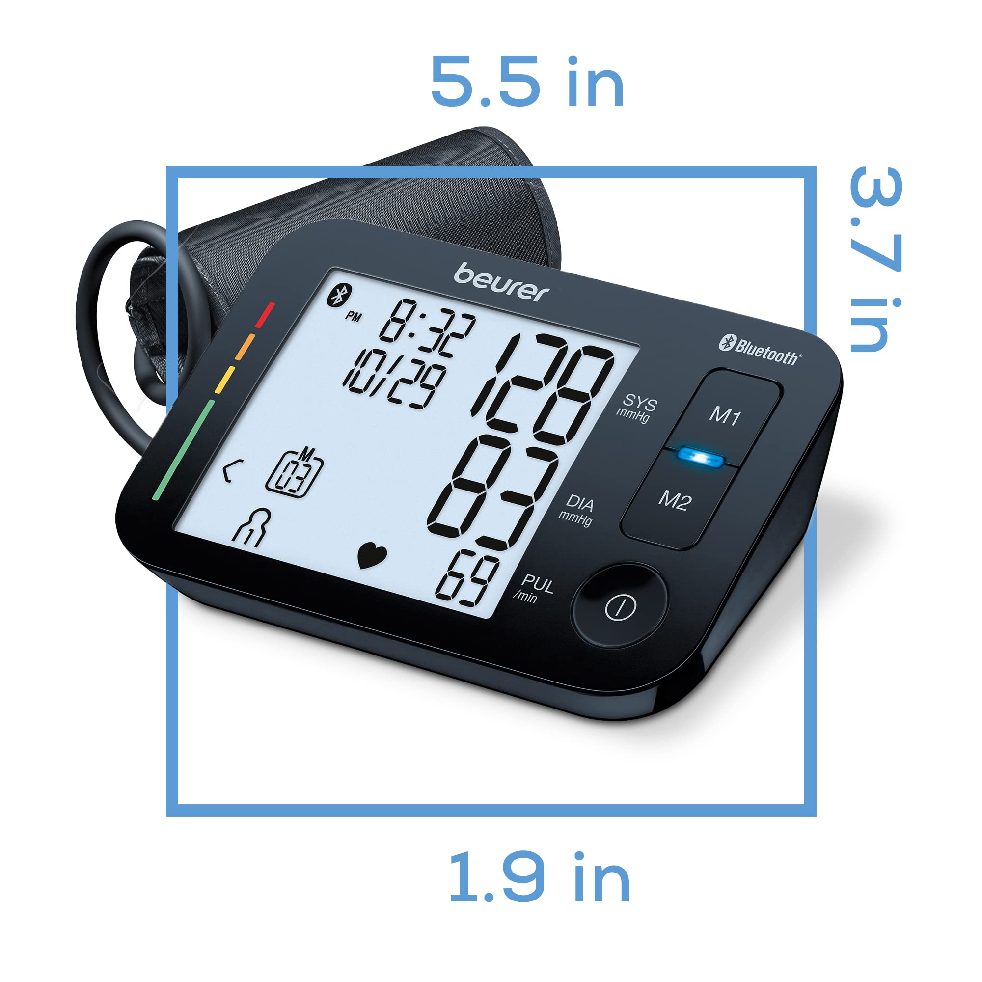 Beurer BM54 Upper Arm Blood Pressure Monitor, Bluetooth with Adjustable Automatic Cuff, Large Display, Smart Machine for Home Use, Portable Storage Case Included, Black