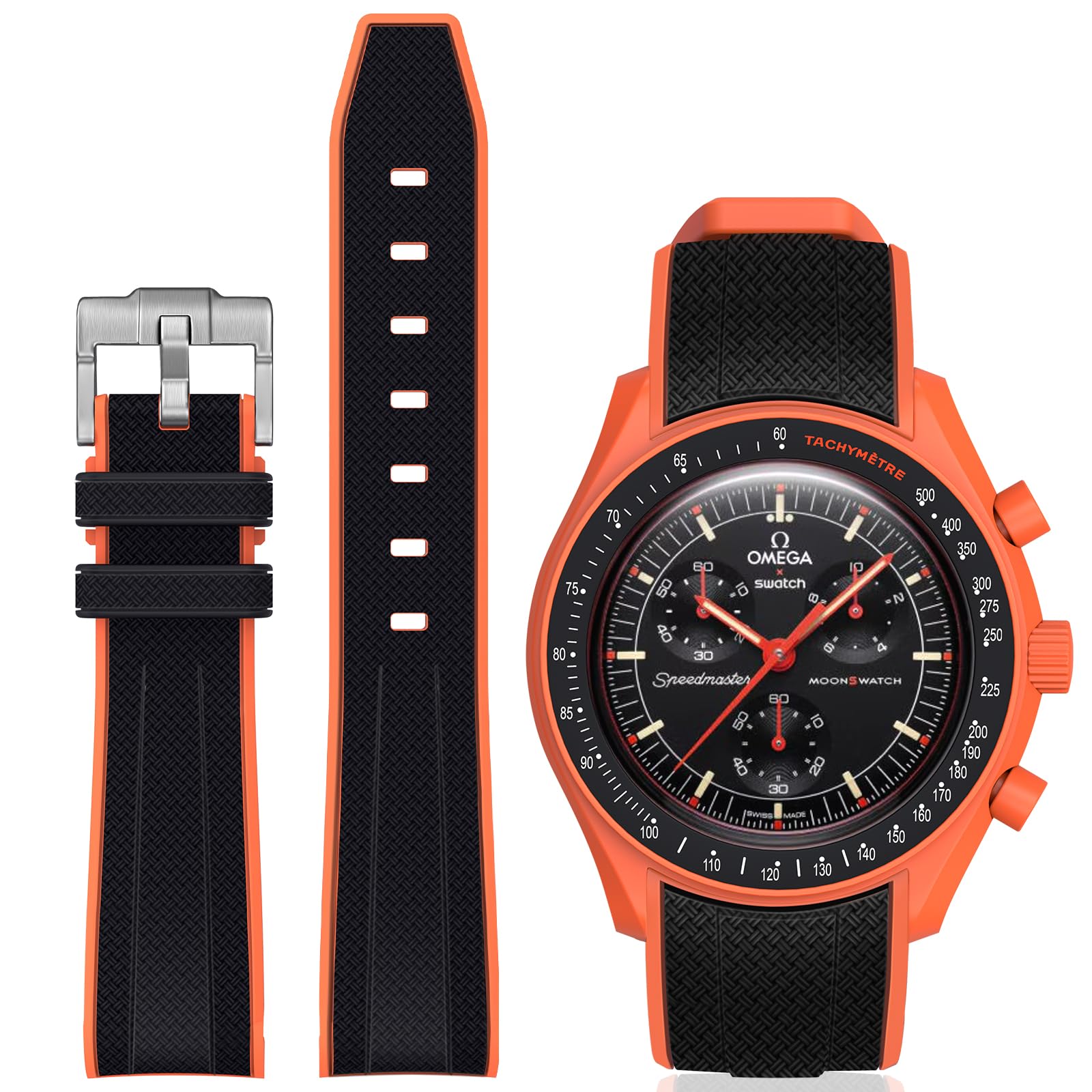 Photo 1 of Stanchev Bands for Moonswatch Watch,Curved No Gap Soft Silicone Strap for Omega X Swatch Speedmaster 20mm Watch,Swatch Omega Moonswatch Speedmaster Replacement Strap Men Women (Black&Orange)