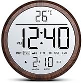 Jassurance 8" Round LCD Digital Wall Clock Battery Operated with Temperature and Date, Big Numbers Display, Auto DST and Alarm, for Office, Classroom, Bedroom, Living Room, Kitchen