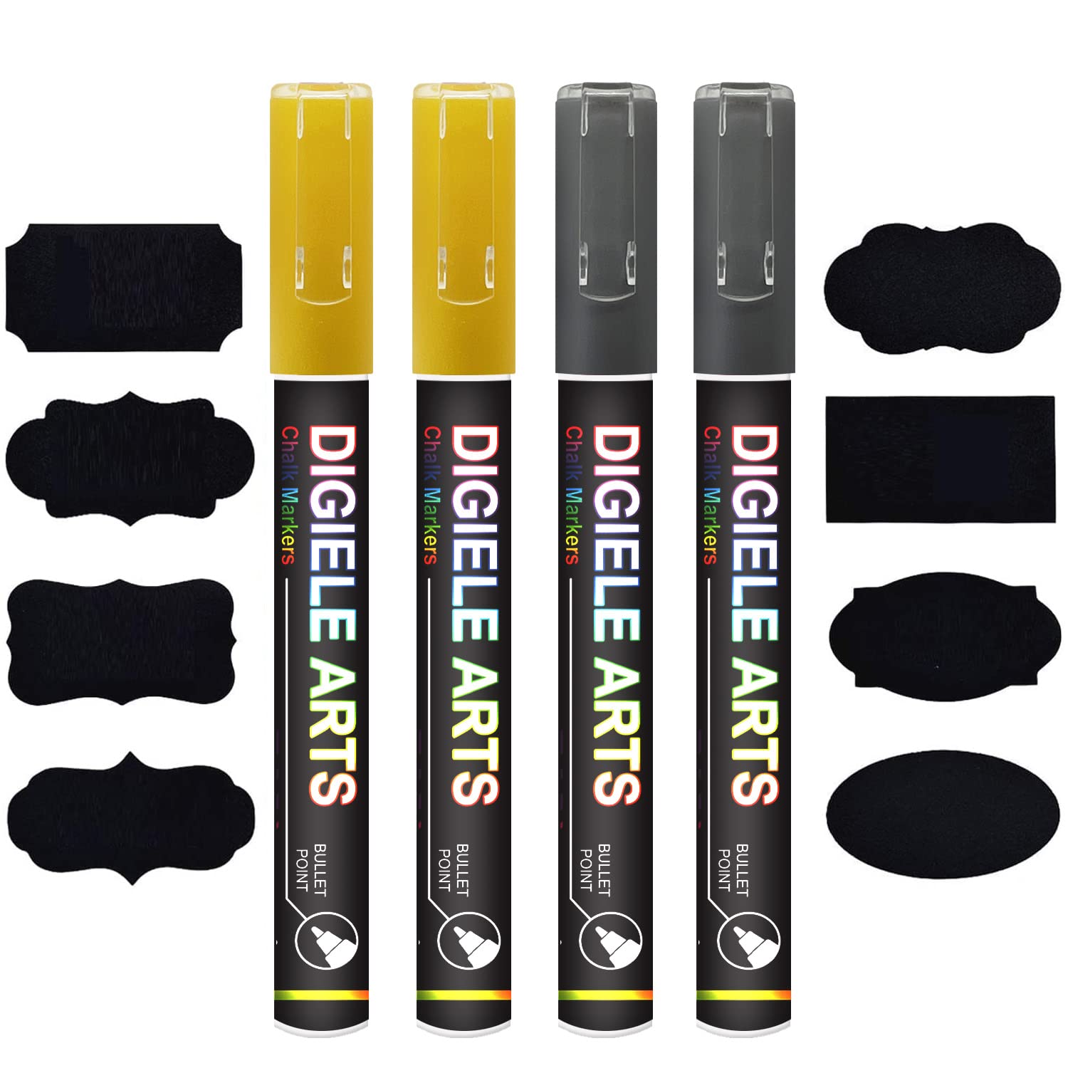 Liquid Chalk Marker Pens Gold + Silver, DIGIELE 2pcs Gold Chalk Pens + 2pcs Silver Markers, 3mm Dry or Wet Wipe Erase, Thin & Medium Reversible Bullet & Chisel Tip, 4 Pens+ 16 Chalkboard Labels Packed