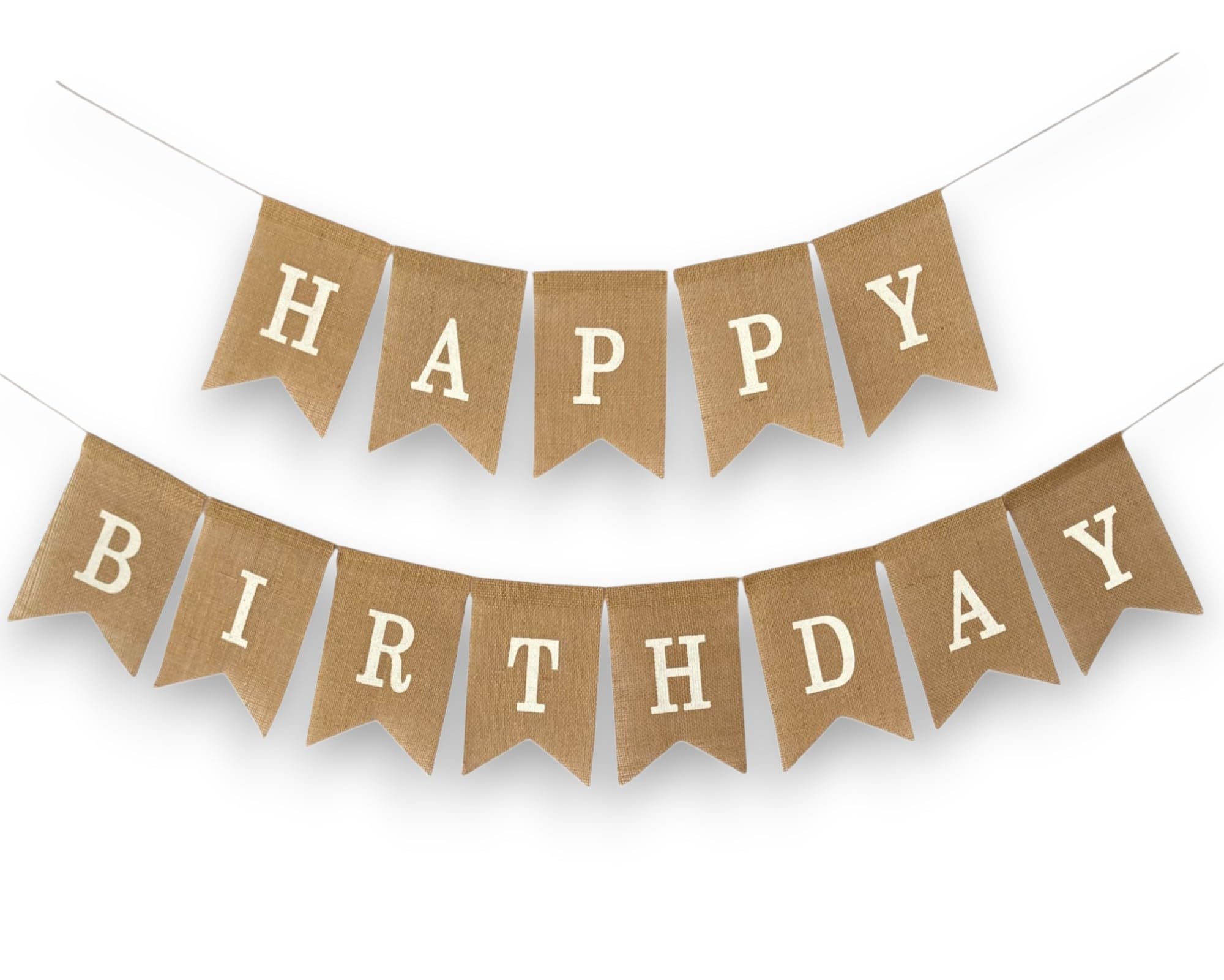 Photo 1 of Shimmer Anna Shine "Happy Birthday" Burlap Banner – Rustic “Happy” and “Birthday” across natural jute burlap flags (approx. 5" × 7") Party Decor with Bold White Print – Over 8?Ft Strand Party Decor for Birthdays, Mantels, & Dessert Tables