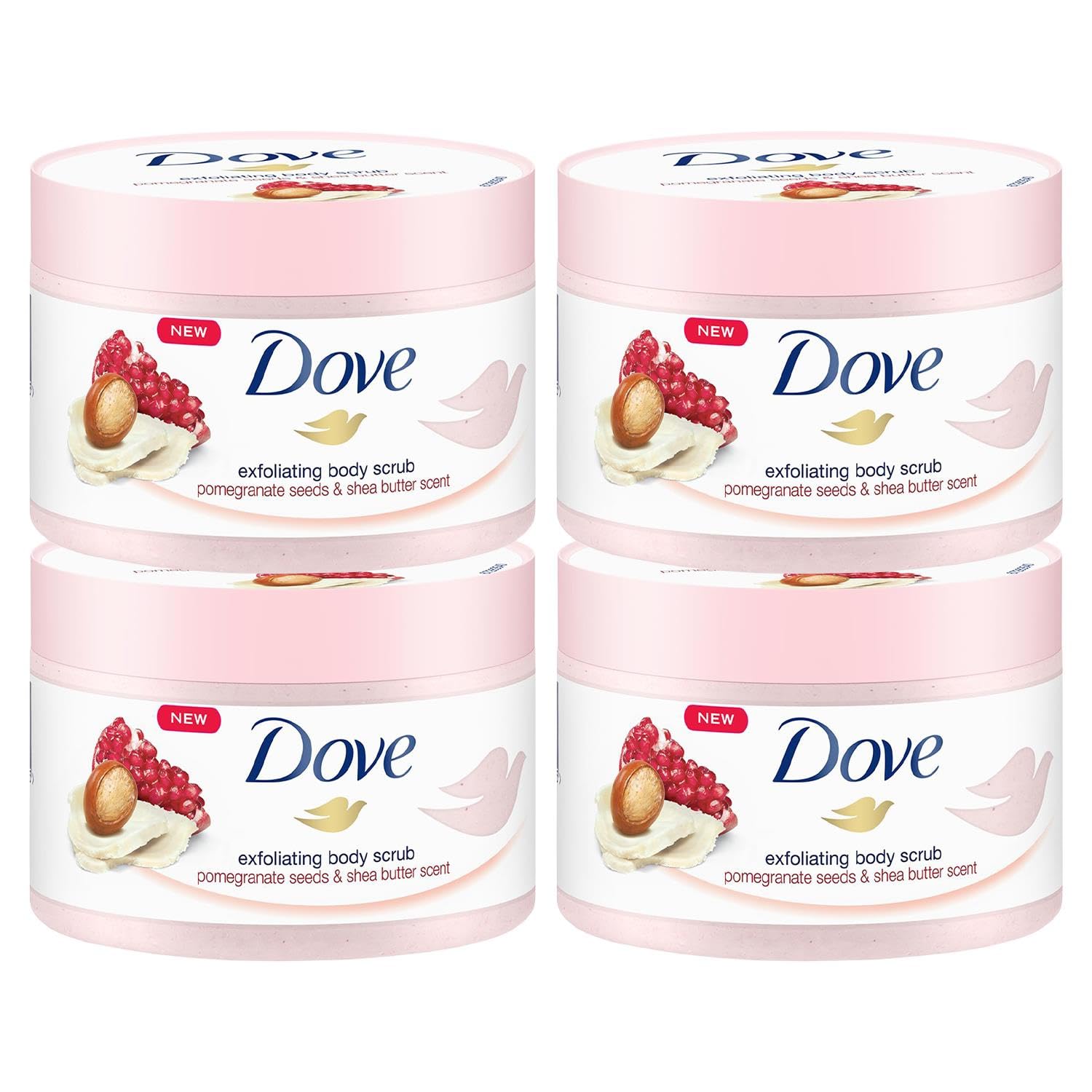 Dove Exfoliating Shower Scrub with Pomegranate Seeds & Shea Butter 225 ml (Pack of 4)