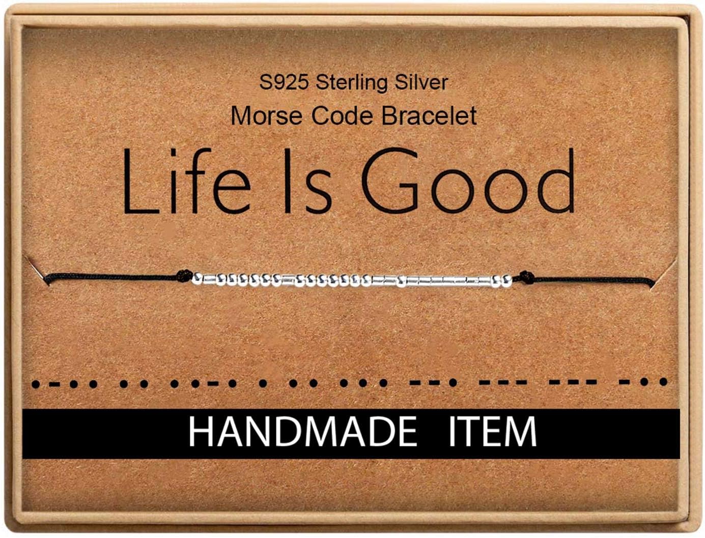 Morse Code Bracelet S925 Sterling Silver Beads on Silk Cord Inspirational Jewelry Graduation Gifts for Women