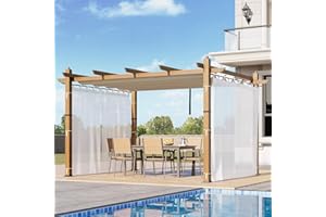 Agrestem 10x13 Ft Retractable Outdoor Pergola with Canopy and Side Mesh, Upgraded Wood-Grain Aluminum Pergola, Modern Pavilion for Backyard, Patio, Porch, Grape Trellis, Beige+White
