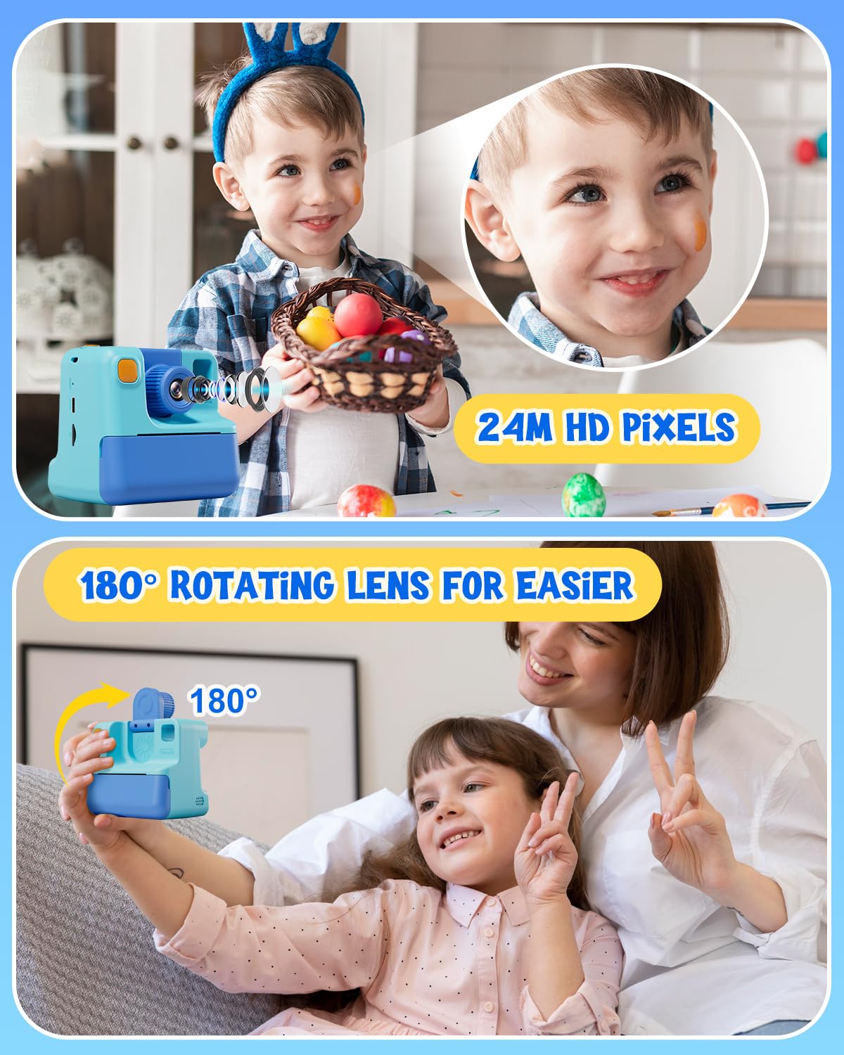 Kids Camera Instant Print, LETSHAHA Christmas Birthday Gifts for Toddler Girls Boys Age 3-12, 24MP & 1080P Selfie Digital Camera with 3 Roll No-Ink Print Paper 32GB SD Card - Blue