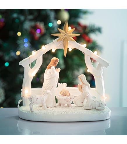 Presepe Di Natale In Legno Bianco Shabby Chic - Set Da 6 Pezzi Con Statuette Intagliate A Mano, Decorazione Da Tavolo Festiva