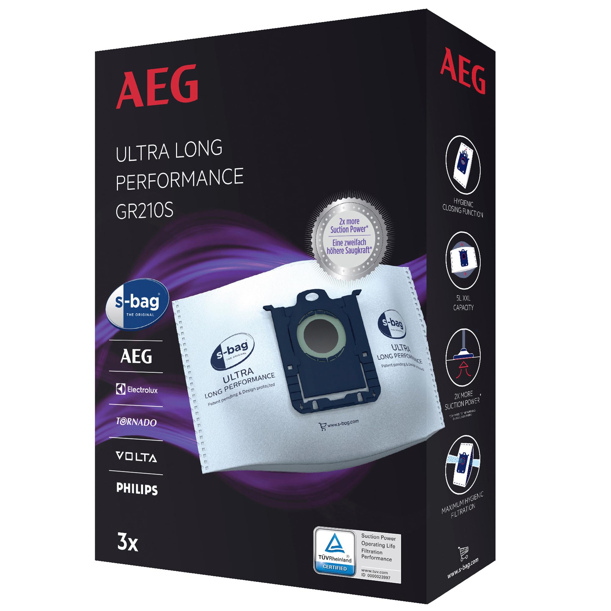 AEG GR210S - Vacuum Cleaner Bags, 3 XXL Synthetic Dust Bags, Long-Lasting, High Suction and Filtration, Hygiene Closure, 5L Volume, TÜV Tested, Compatible with AEG, Electrolux, Philips, Volta, Tornado