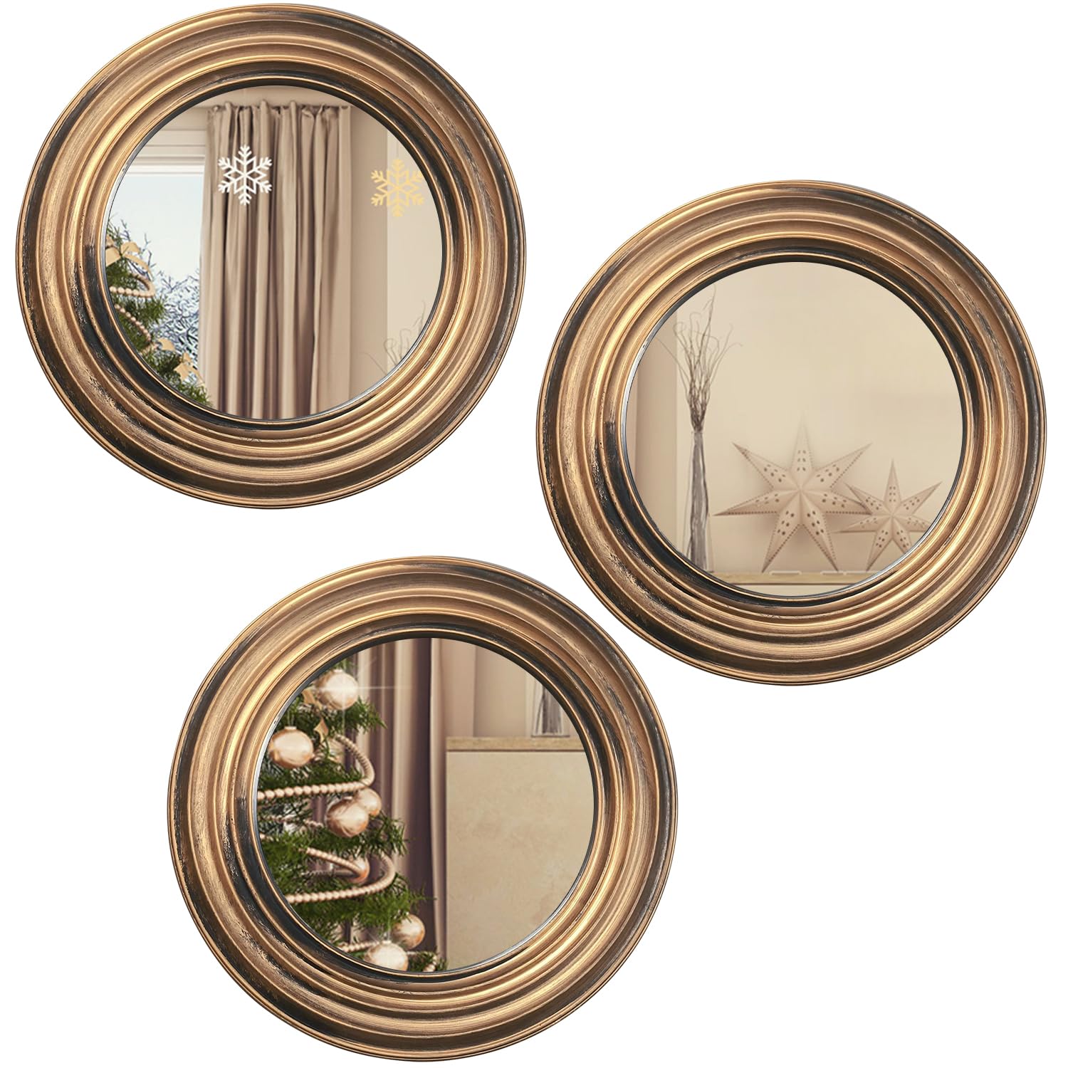 Photo 1 of 3pcs Round Mirrors for Wall Decor Antique Gold Circle Mirror Small Vintage Hanging Decorations Rustic Decorative Home Art for Bedroom Living Room Entryway Distressed Ornament Chic for Women Mums